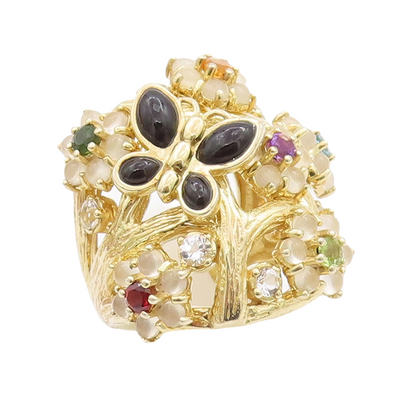 925 Sterling Silver Vintage Ring Gold Plated Floral Inlay Gemstone Sz 7  RG29078