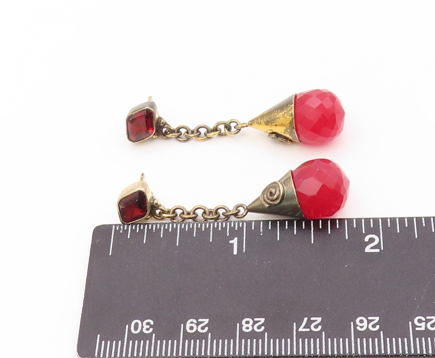 925 Sterling Silver Vintage Earrings Gold Plated Dangling Ruby & Garnet  EG13404