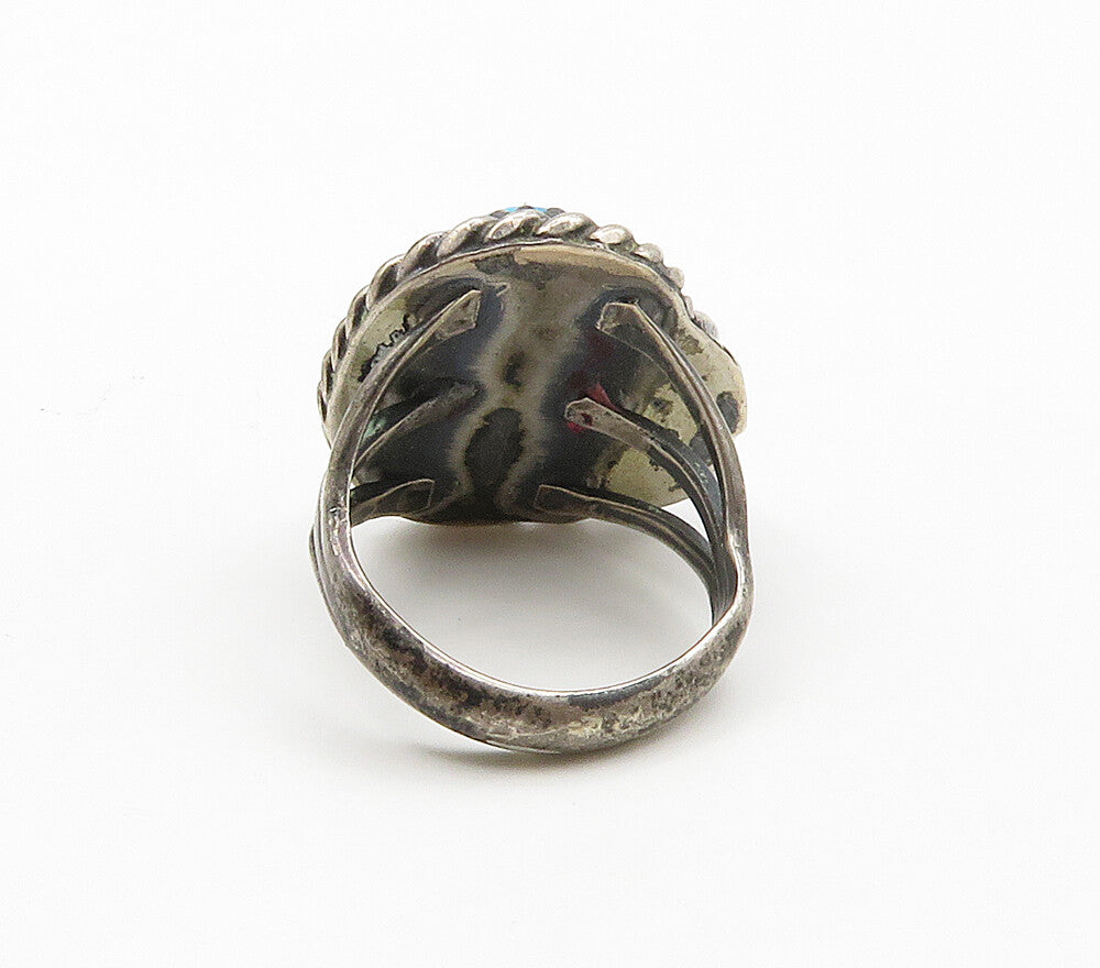 NAVAJO 925 Sterling Silver Vintage Turquoise Floral Leaf Ring Sz 4.5  RG16105