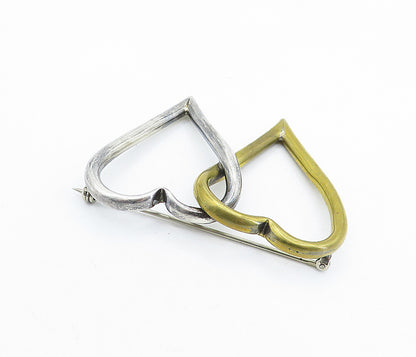 925 Sterling Silver  Vintage Shiny 2 Tone Open Love Hearts Brooch Pin  BP2245