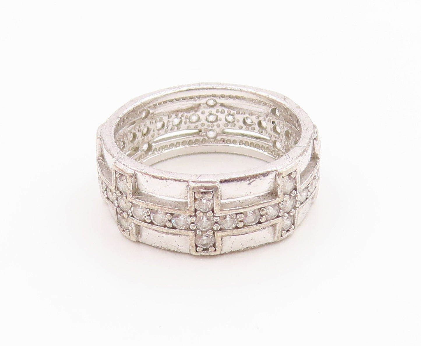 925 Sterling Silver Vintage Ring CZ Geometric Pattern Wide Band  Sz 7  RG36249