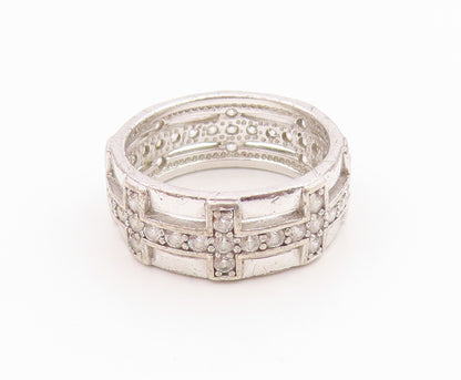 925 Sterling Silver Vintage Ring CZ Geometric Pattern Wide Band  Sz 7  RG36249