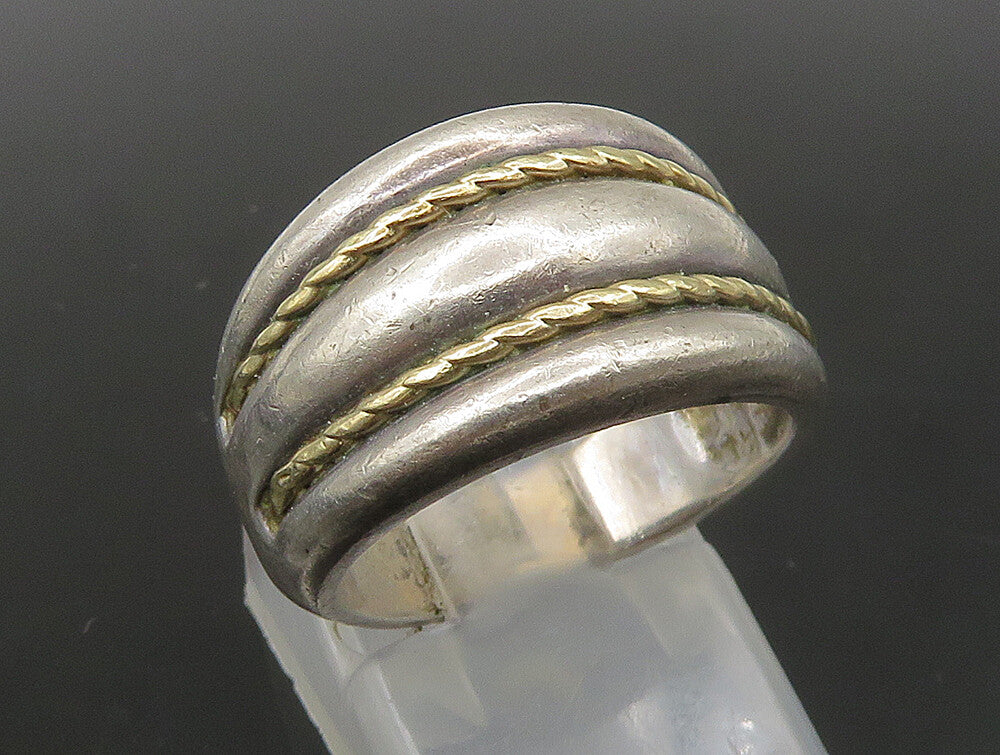 925 Silver & 14K GOLD  Vintage Two Tone Rope Twist Dome Band Ring Sz 6 RG23689