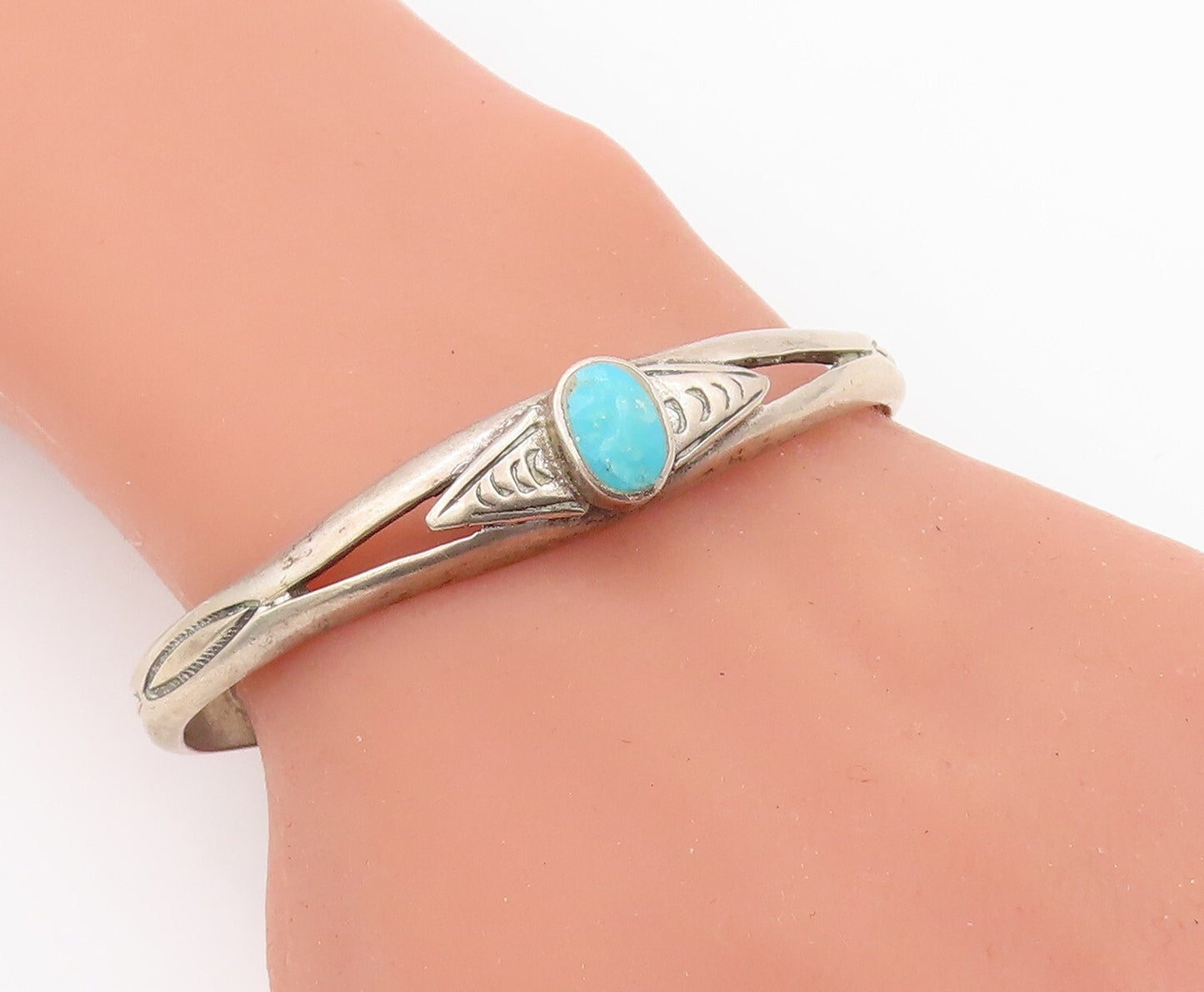 925 Sterling Silver Vintage Bracelet NAVAJO Solid Etched Larimar Cuff  BT10813