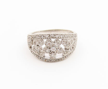 925 Sterling Silver Vintage Ring CZ Open Floral Statement Band  Sz 8  RG36885