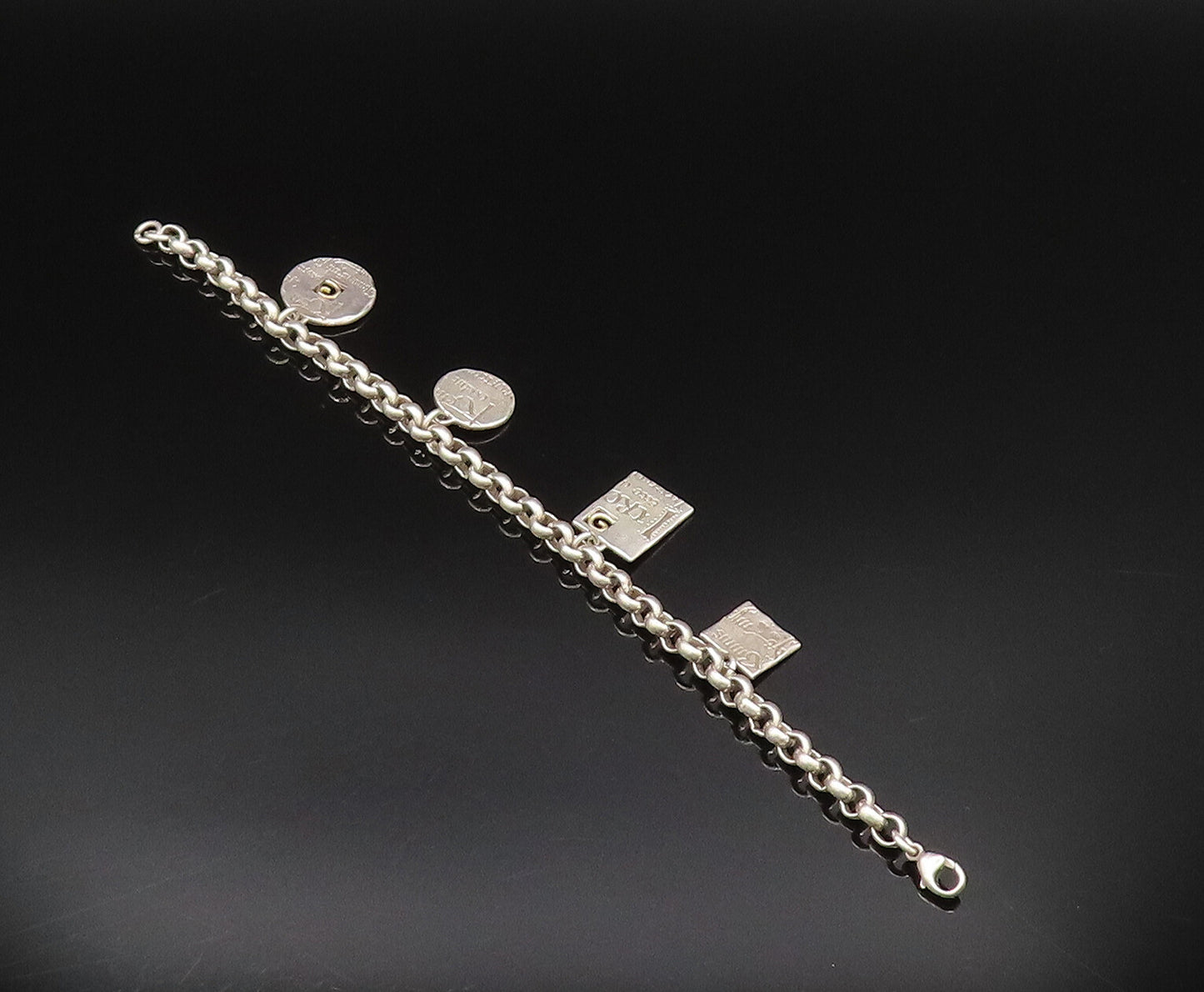 925 Sterling Silver  Vintage Two Tone Engraved Charm Bracelet  BT9550