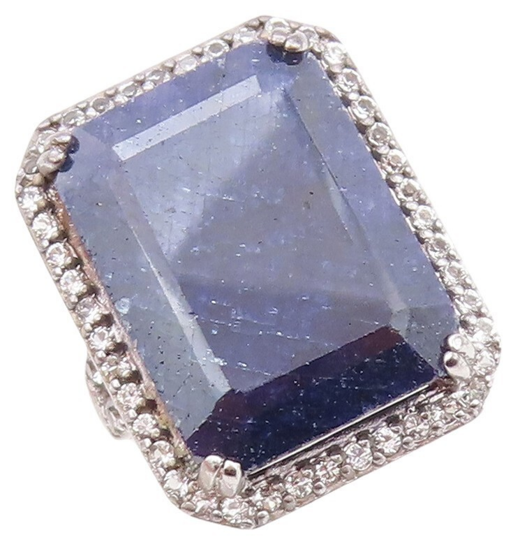 925 Sterling Silver Vintage Ring Rectangle Sapphire Halo Topaz  Sz 8  RG30489