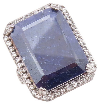 925 Sterling Silver Vintage Ring Rectangle Sapphire Halo Topaz  Sz 8  RG30489