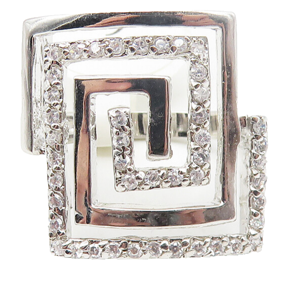 925 Sterling Silver  White Topaz Shiny Greek Key Cocktail Ring Sz 6  RG11362