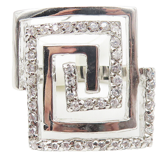 925 Sterling Silver  White Topaz Shiny Greek Key Cocktail Ring Sz 6  RG11362
