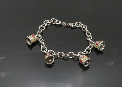 925 Sterling Silver  Vintage Enamel Floral Bell Charms Chain Bracelet  BT8380