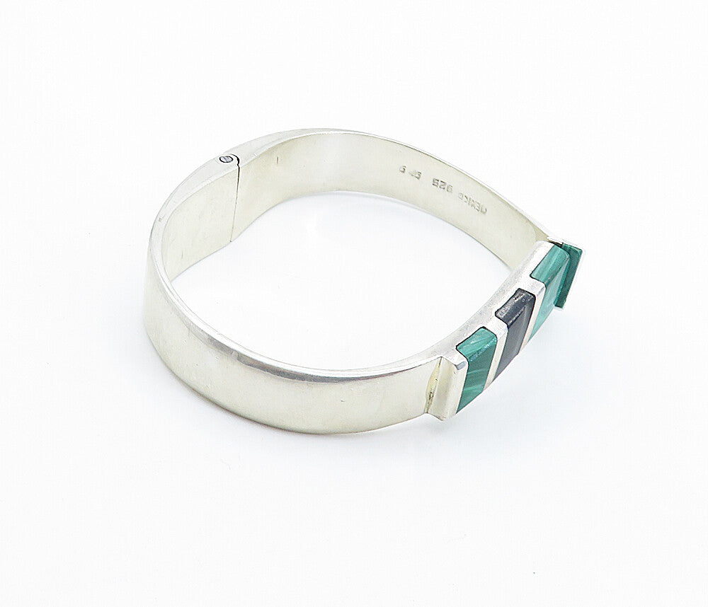 MEXICO 925 Silver  Vintage Black Onyx & Malachite Bangle Bracelet  BT2521