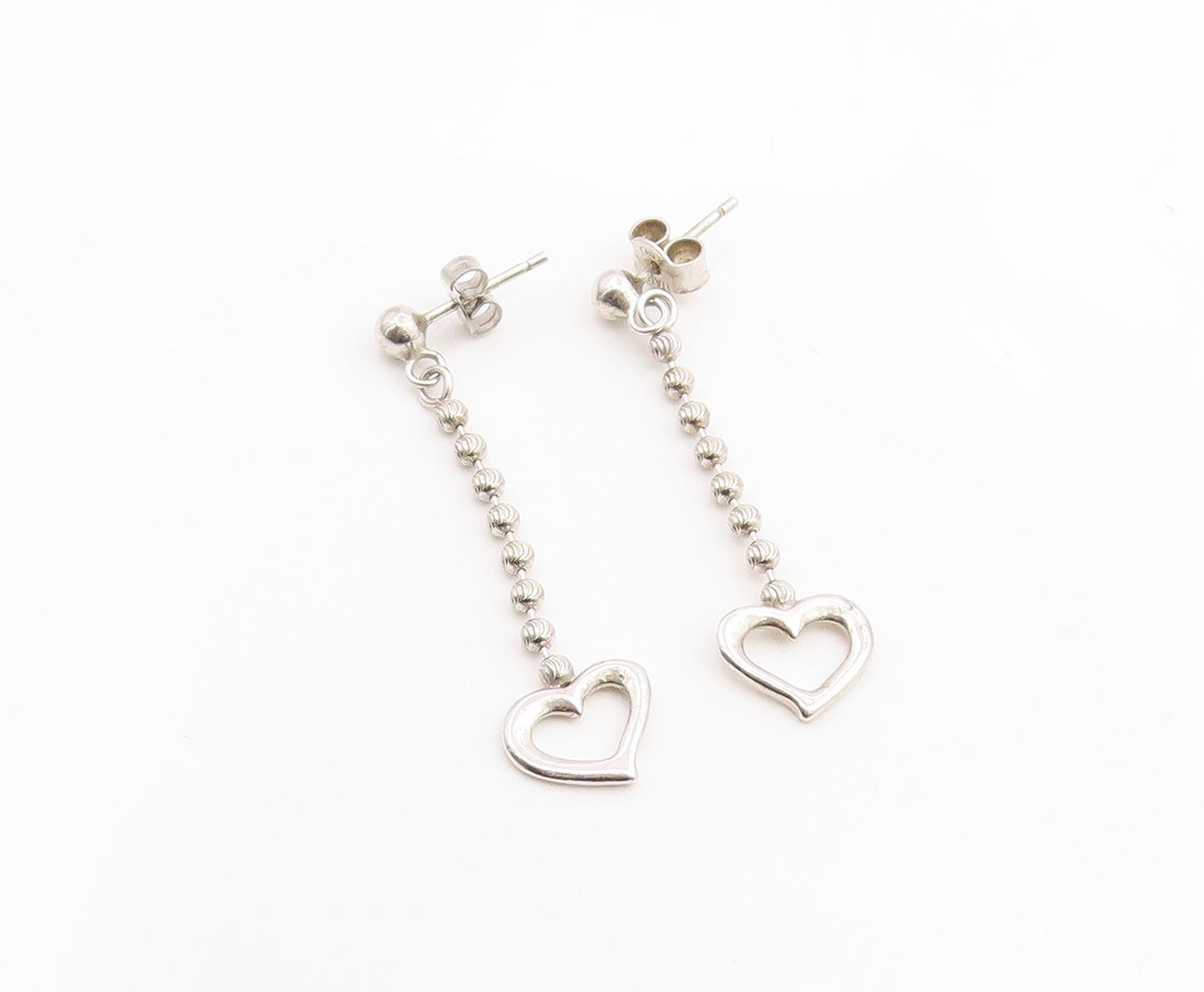 925 Sterling Silver Vintage Earrings Ball Chain Open Love Heart Dangle  EG14123