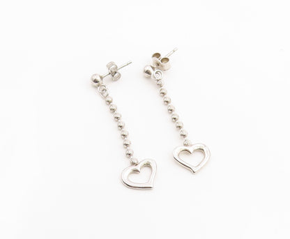 925 Sterling Silver Vintage Earrings Ball Chain Open Love Heart Dangle  EG14123