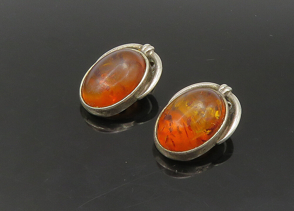 925 Sterling Silver   Vintage Cabochon Cut Amber Oval Drop Earrings  EG11289