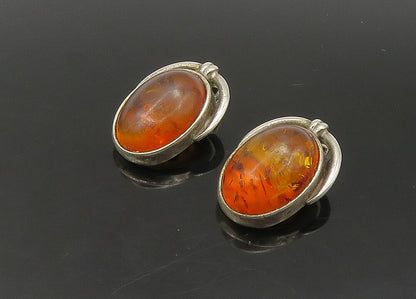 925 Sterling Silver   Vintage Cabochon Cut Amber Oval Drop Earrings  EG11289