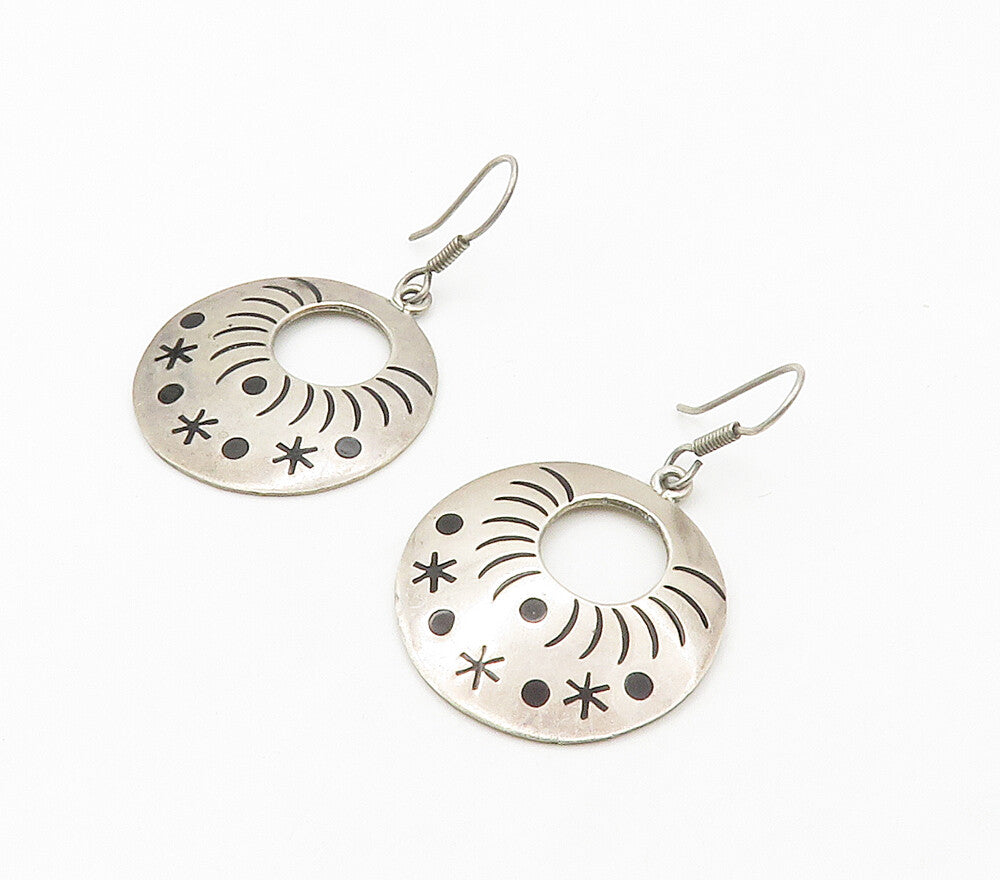 MEXICO 925 Sterling Silver  Vintage Patterned Circle Dangle Earrings  EG7978
