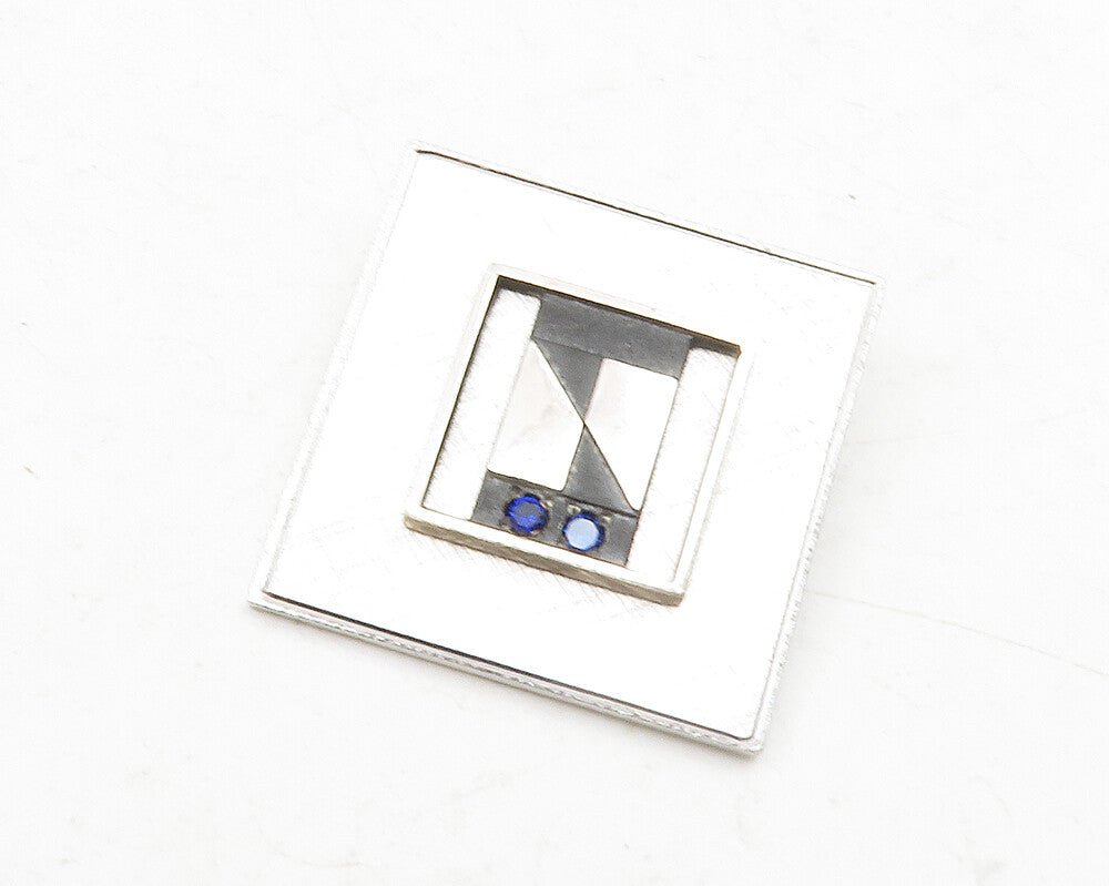 925 Sterling Silver  Vintage Blue Topaz Two Tone Square Brooch Pin  BP4605
