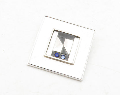 925 Sterling Silver  Vintage Blue Topaz Two Tone Square Brooch Pin  BP4605