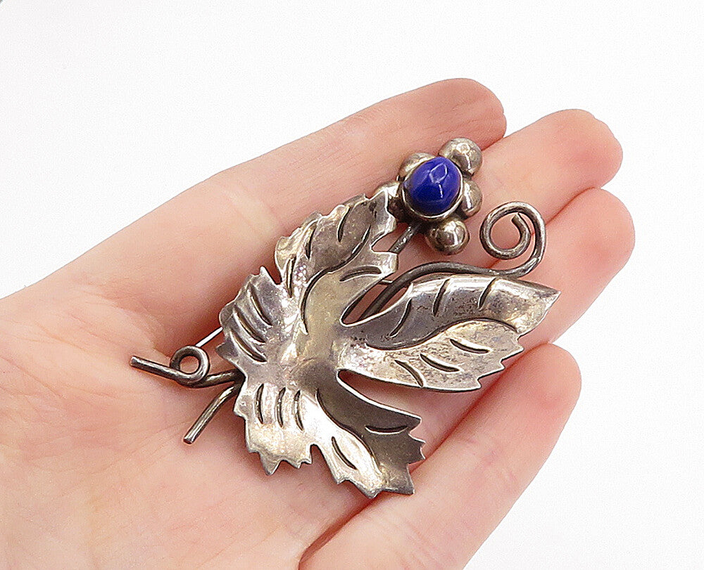 MEXICO 925 Sterling Silver  Vintage Lapis Lazuli Floral Leaf Brooch Pin BP1405