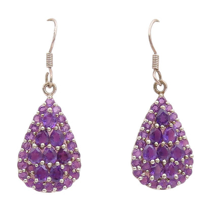 925 Sterling Silver Vintage Earrings Clustered Amethyst Teardrop Dangle  EG13834
