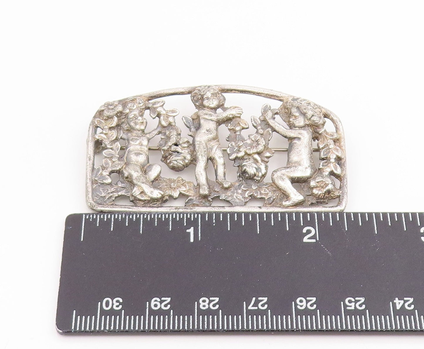925 Sterling Silver Vintage Brooch Pin Antique Cherub Angel & Garland  BP12393