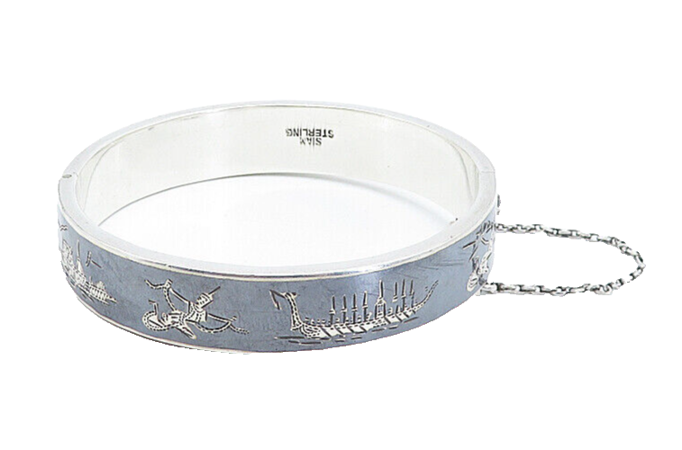 SIAM 925 Silver  Vintage Black Enamel Niello Dancer Bangle Bracelet  BT1536