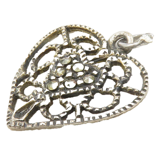 925 Sterling Silver  Vintage Sparkling Marcasite Love Heart Pendant  PT13526
