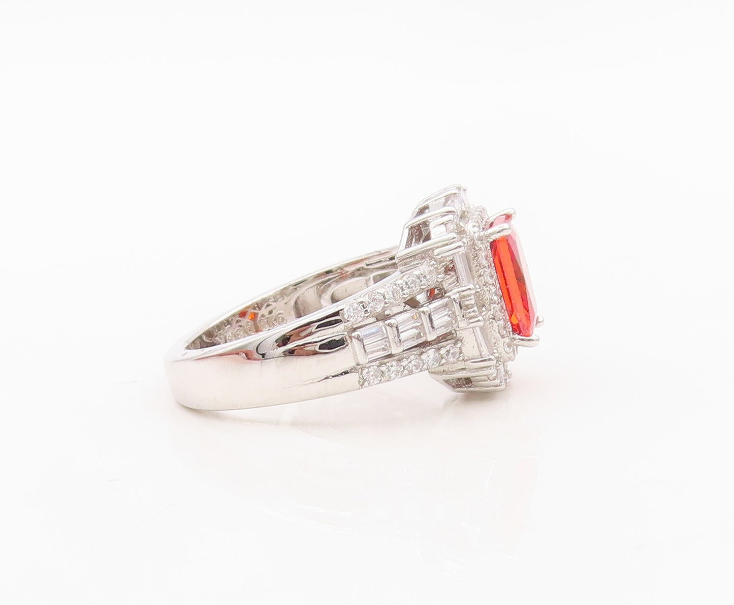 925 Sterling Silver Vintage Ring Rectangle Cut Orange Halo White CZ Sz 7 RG30136