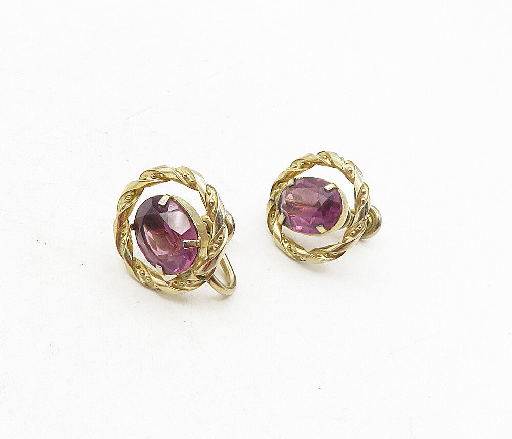 DEC 925 Silver  Vintage Amethyst Gold Plated Twist Non Pierce Earrings  EG4819