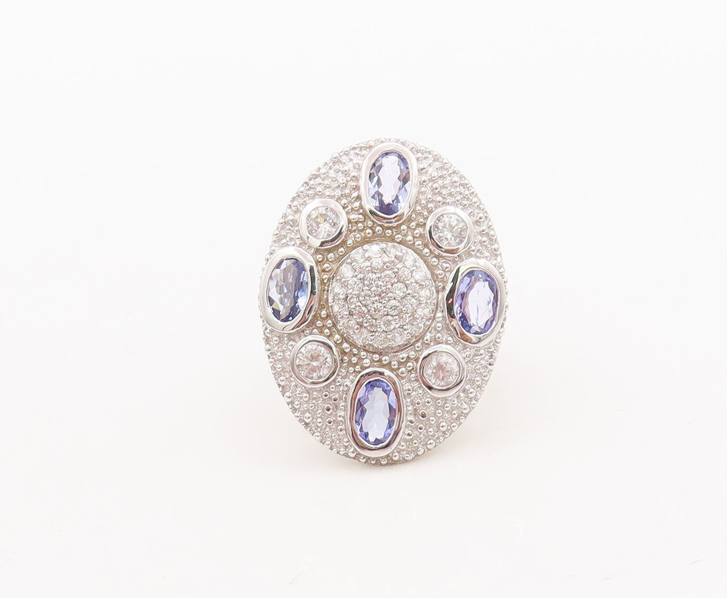 925 Sterling Silver Vintage Ring Large Oval Sapphire & CZ Inlay  Sz 7  RG29557