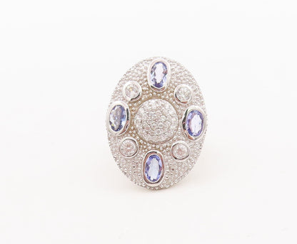 925 Sterling Silver Vintage Ring Large Oval Sapphire & CZ Inlay  Sz 7  RG29557