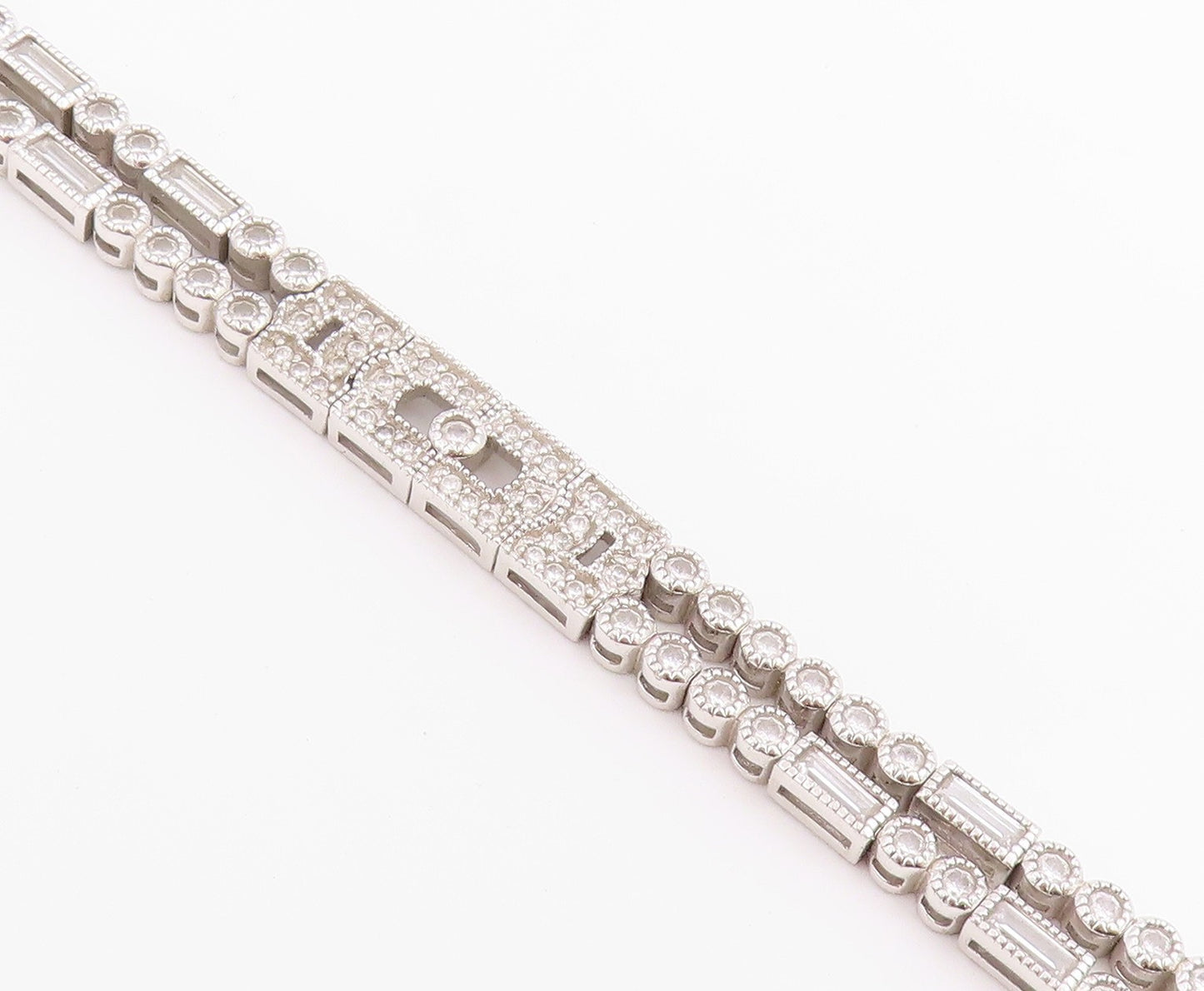 925 Sterling Silver Vintage Bracelet  Multi Shape CZ Double Strap Link  BT12225