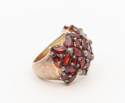 925 Silver  Vintage Red Topaz Beaded Flower Broad Band Ring Sz 7  RG27169