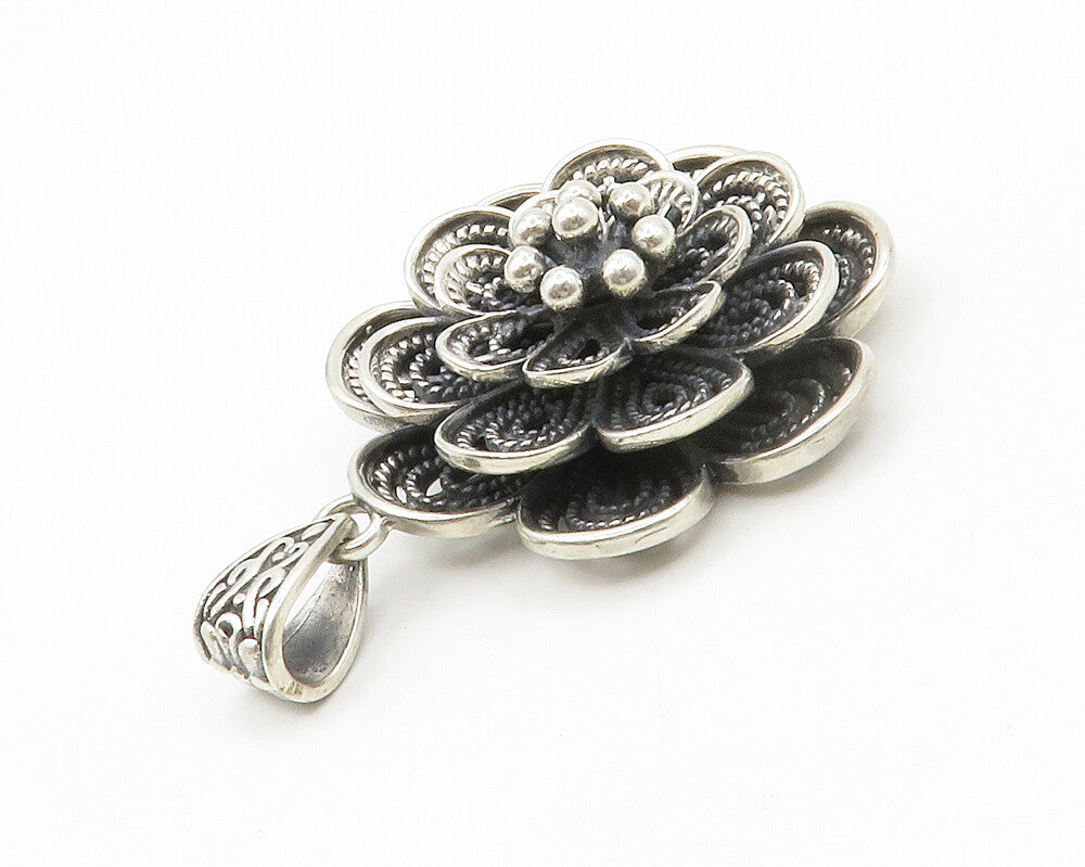 925 Sterling Silver  Vintage Flower Motif Twist Detail Shiny Pendant  PT10722