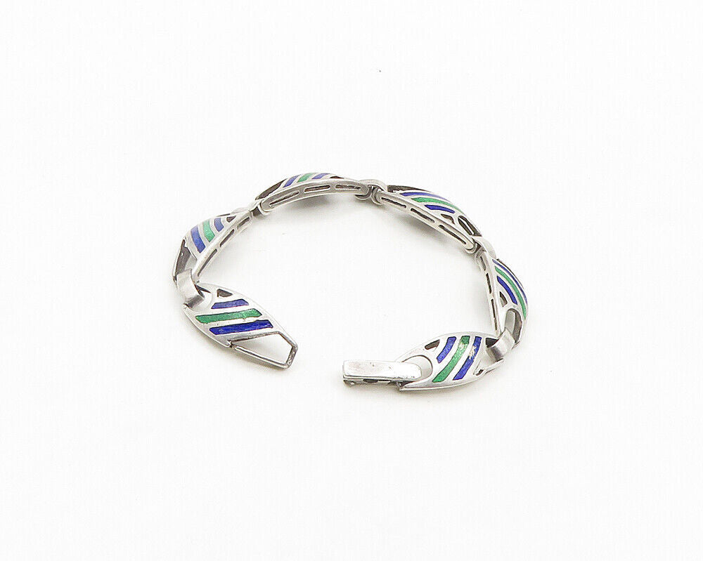 925 Sterling Silver  Vintage Enamel Striped Pattern Chain Bracelet  BT7861