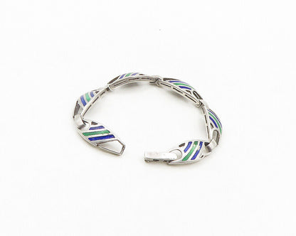 925 Sterling Silver  Vintage Enamel Striped Pattern Chain Bracelet  BT7861