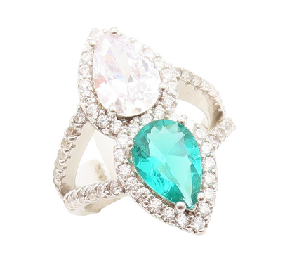 925 Sterling Silver Vintage Ring Designer Drop Sea Green & White CZ Sz 7 RG30735