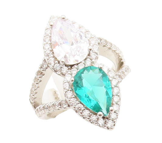 925 Sterling Silver Vintage Ring Designer Drop Sea Green & White CZ Sz 7 RG30735