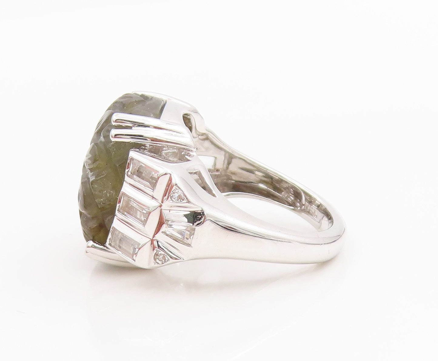 925 Sterling Silver Vintage Ring Carved Gemstone & CZ Band  Sz 6.5  RG34177