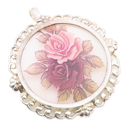 925 Sterling Silver  Vintage Mother Of Pearl Rose Flower Art Brooch Pin BP8137