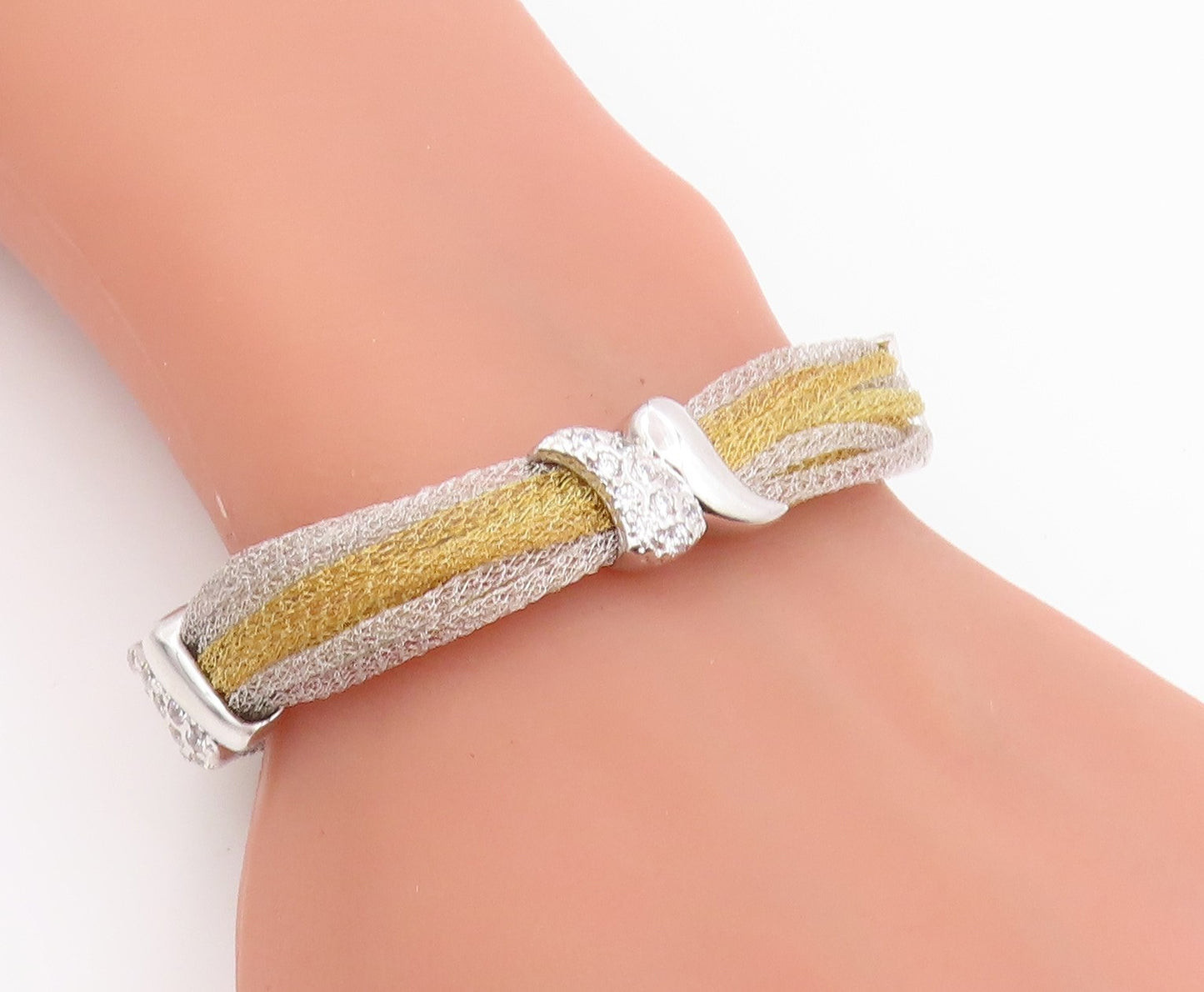 925 Sterling Silver Vintage Bracelet Elegant CZ Two Tone Mesh Chain  BT11980
