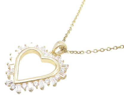 925 Sterling Silver  Cubic Zirconia Gold Plated Heart Chain Necklace  NE2052