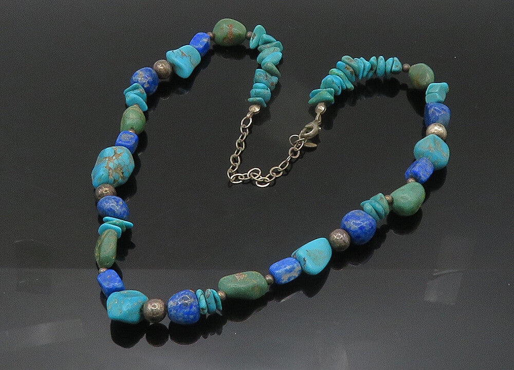 SOUTHWESTERN 925 Silver Vintage Turquoise & Lapis Lazuli Necklace NE3546