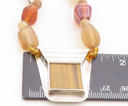 925 Silver  Vintage Tiger's Eye Agate & Carnelian Beaded Necklace  NE1886