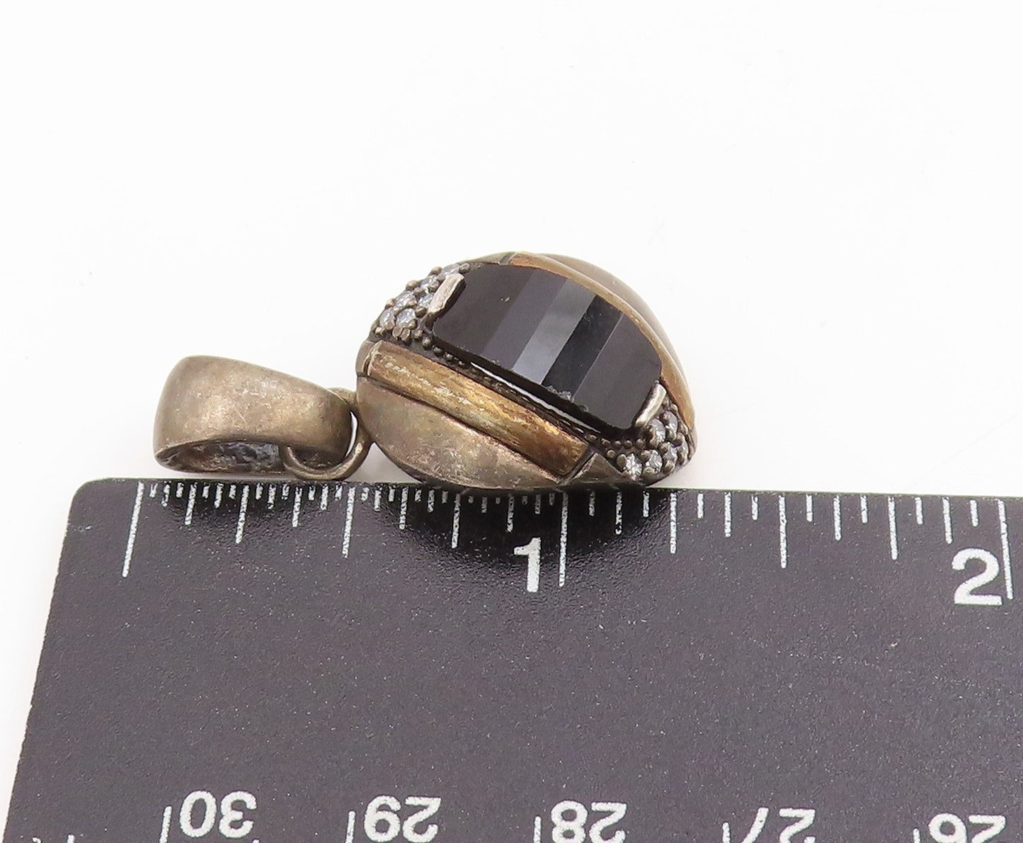 10k Gold & 925 Sterling Silver Vintage Pendant Black Onyx & CZ Charm  PT25401