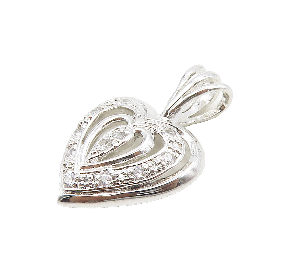 925 Sterling Silver  Shiny Cubic Zirconia Cutout Love Heart Pendant  PT12935