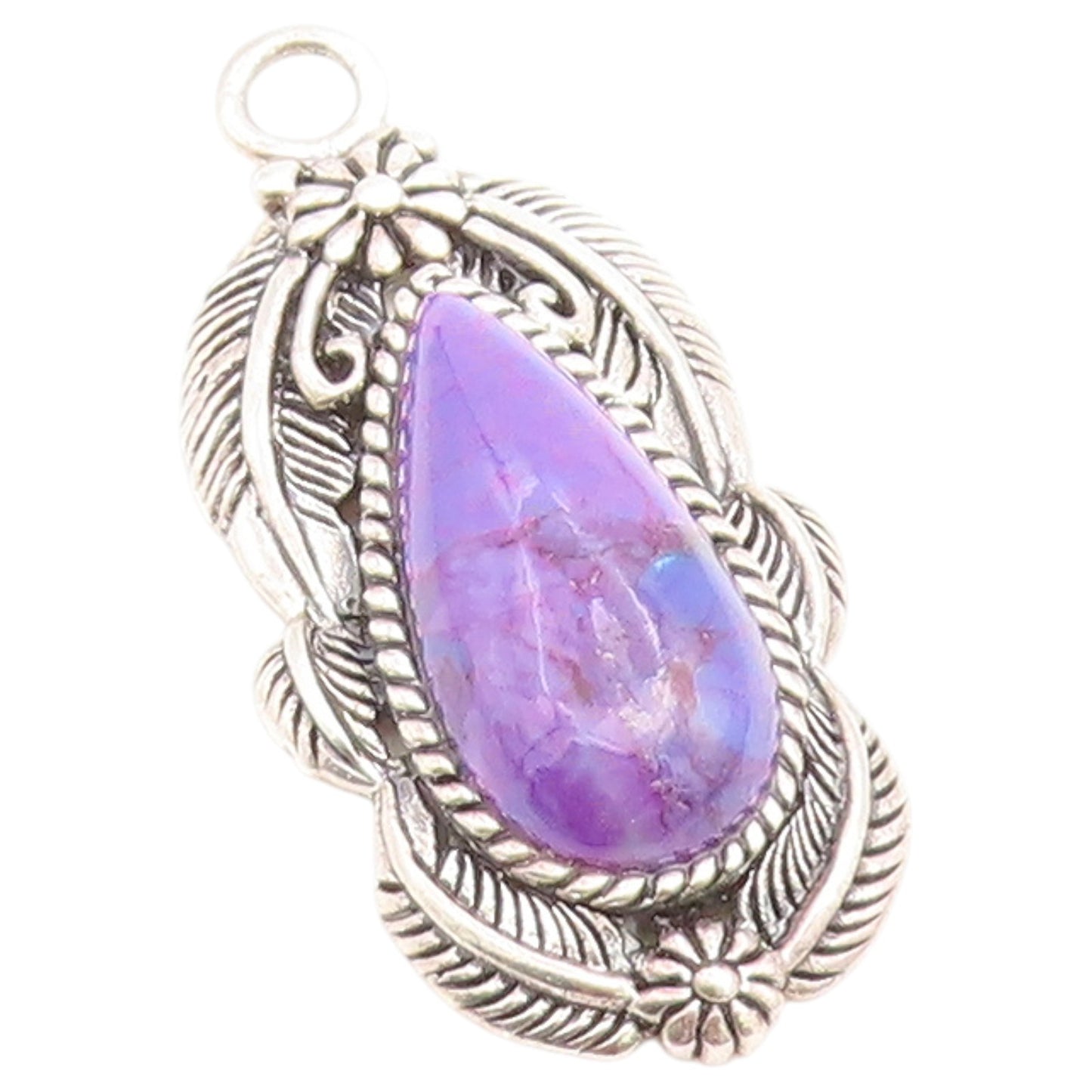 925 Sterling Silver Vintage Pendant Purple Turquoise Etched Leaf Drop  PT26525