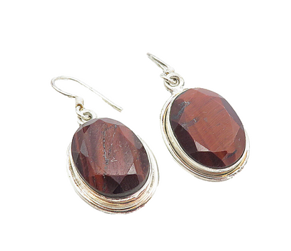 925 Sterling Silver  Vintage Faceted Red Tiger's Eye Dangle Earrings  EG3188