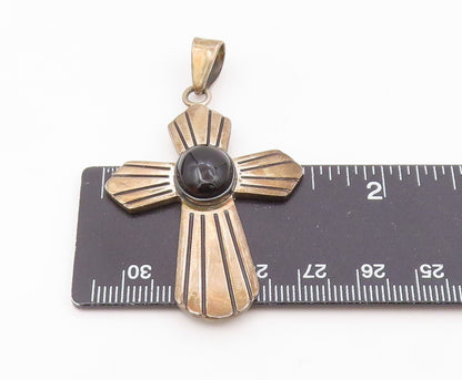 MEXICO 925 Silver  Vintage Cabochon Black Onyx Religious Cross Pendant PT13160